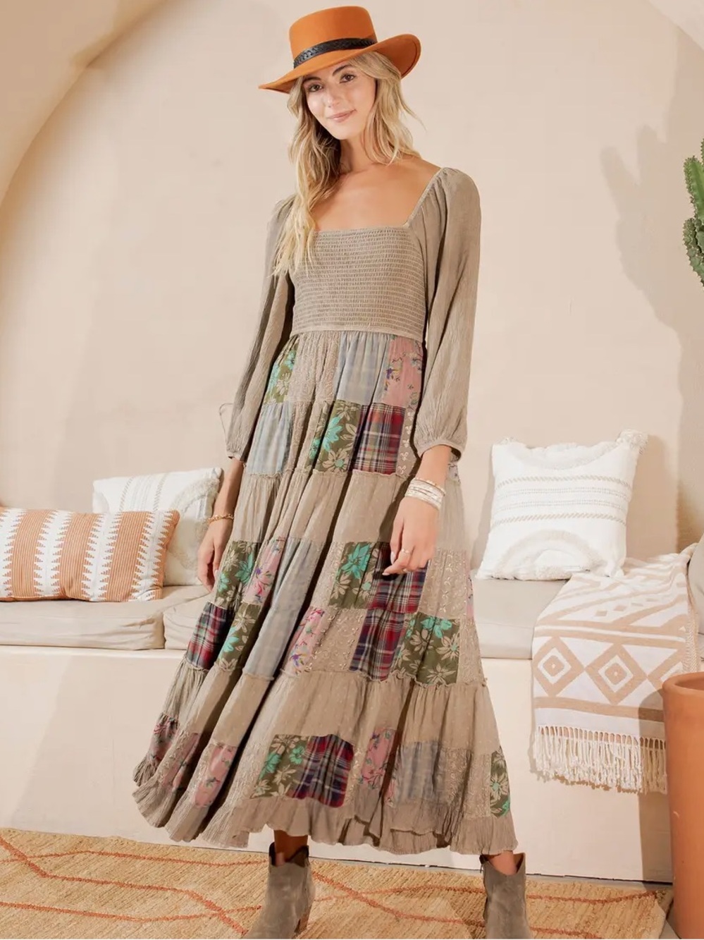 YOUBG THREADS Rustic Boho Smocked Patchwork Maxi Dress